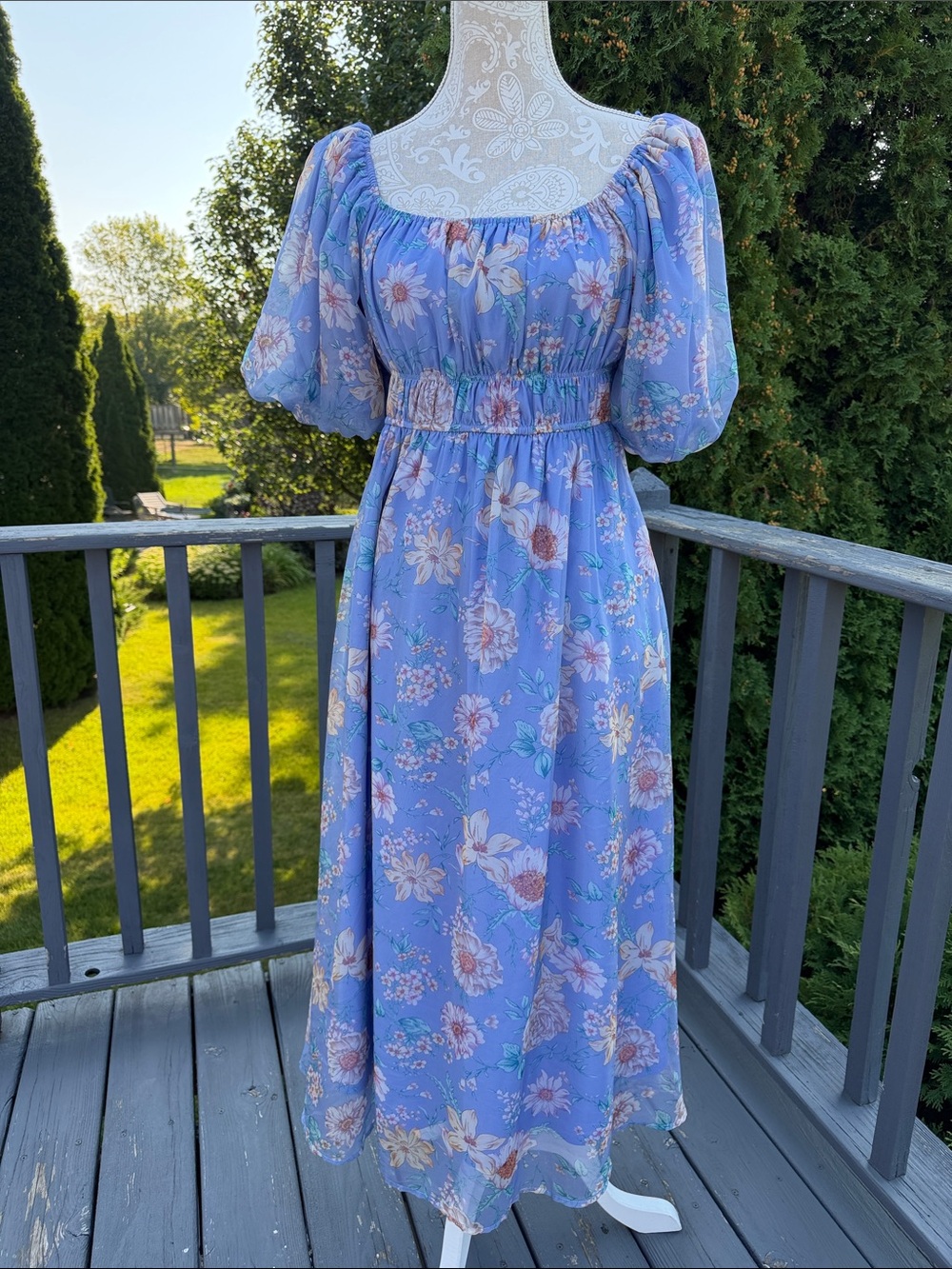 Polagram Perwinkle  Floral Puff-Sleeve Midi Dress sz M